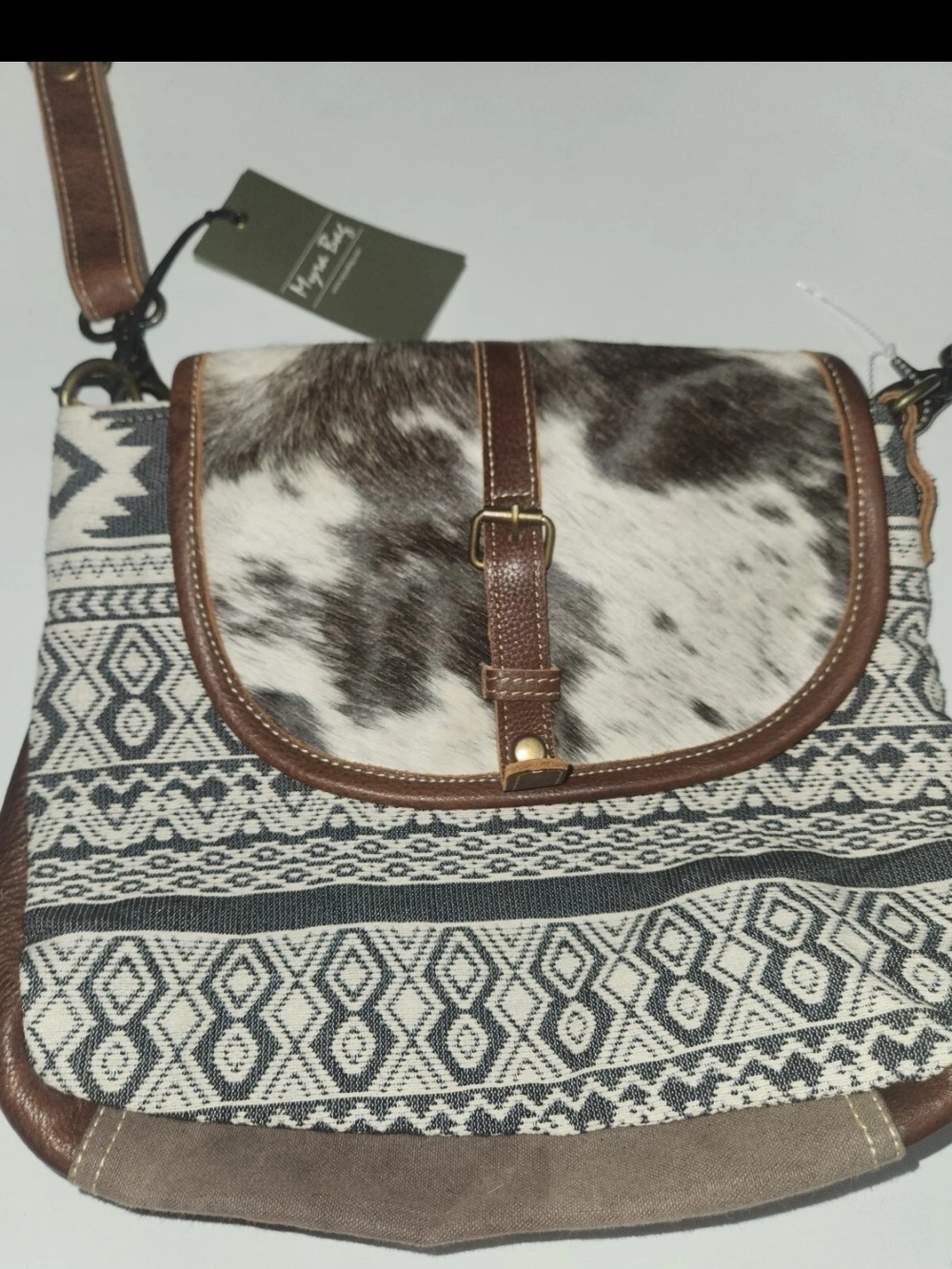 Myra Bag Brown & White Textured Crossbody with Geometric Weave
